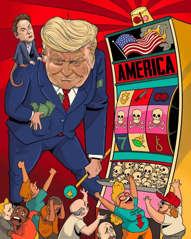 A cartoon depicts a caricature of Donald Trump, with Elon Musk riding on his back like a tail, pulling a lever on a slot…