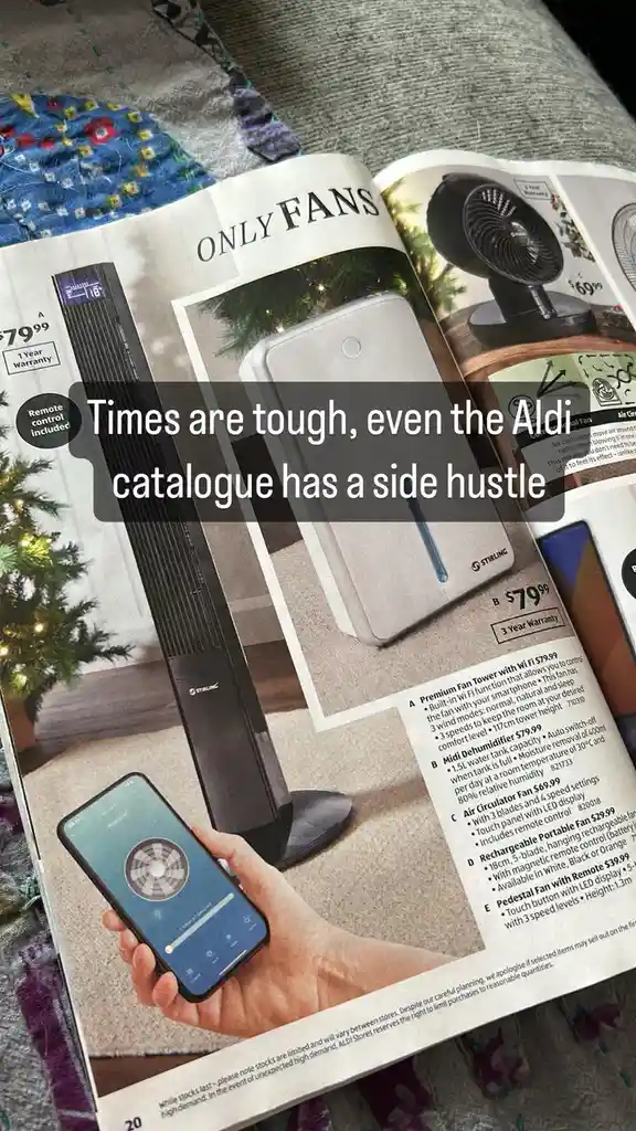 An open Aldi catalogue page titled 'ONLY FANS' displays various fan products with prices and features, including a premium…