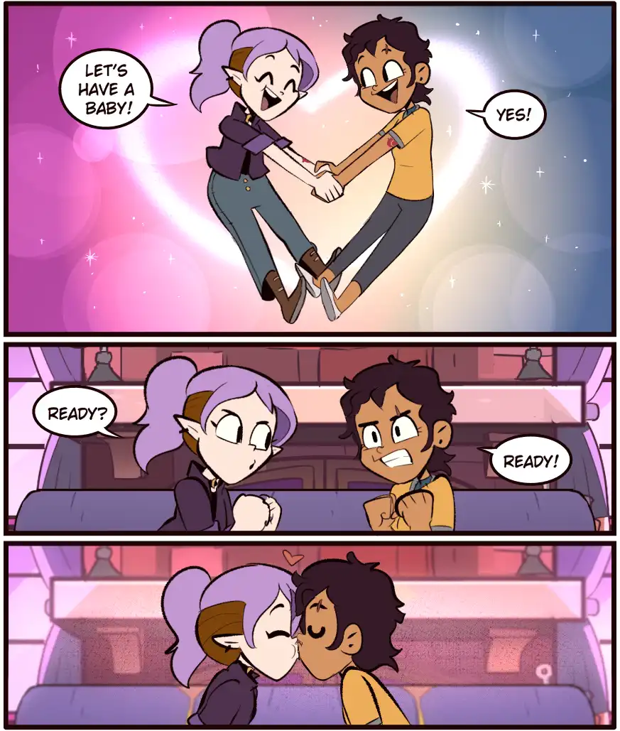 A three-panel comic strip featuring two animated characters, a purple-haired elf woman and a dark-haired man, initially…