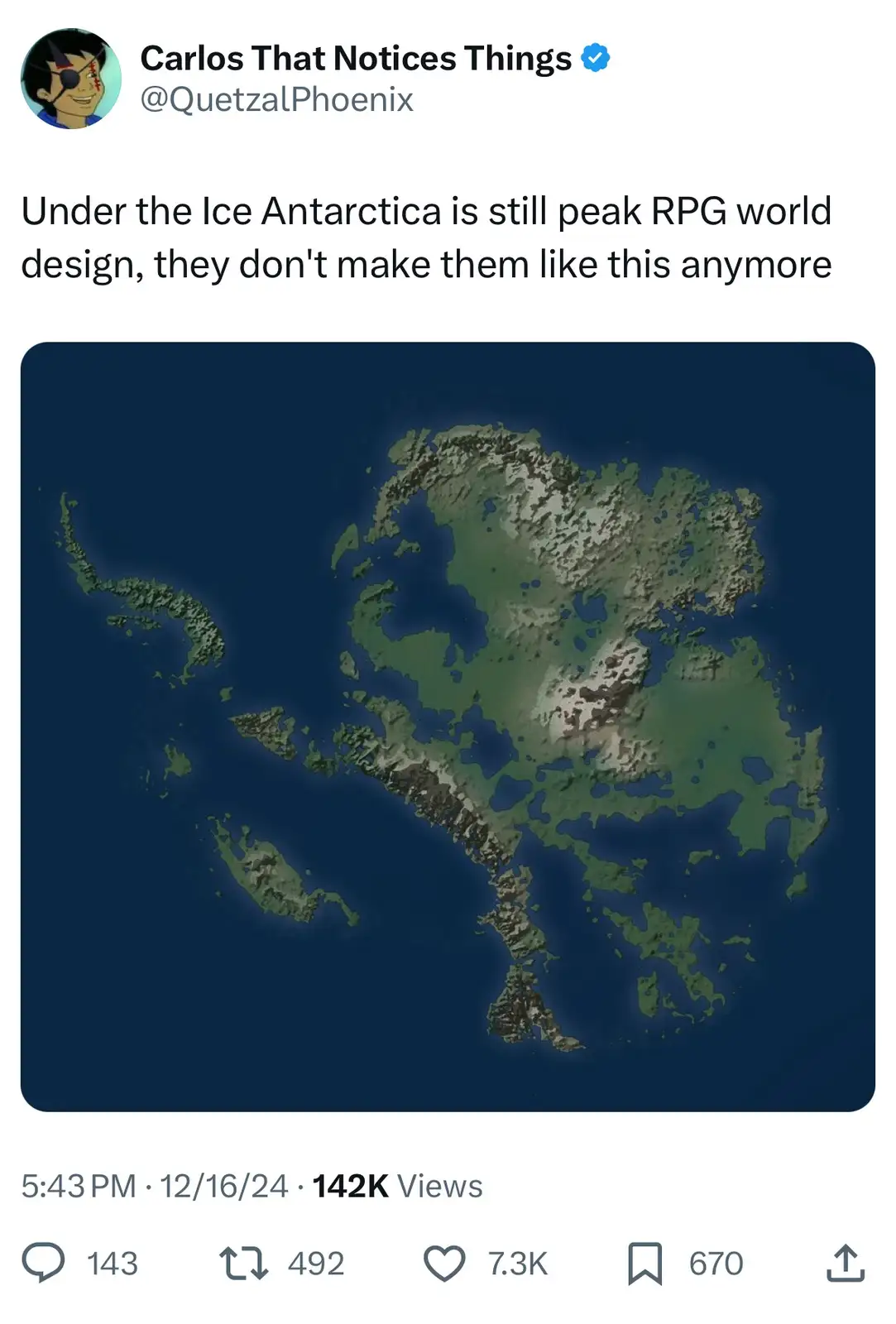 The image displays a stylized, fantasy-themed map resembling a continent with jagged coastlines, varied terrain, and a dark…