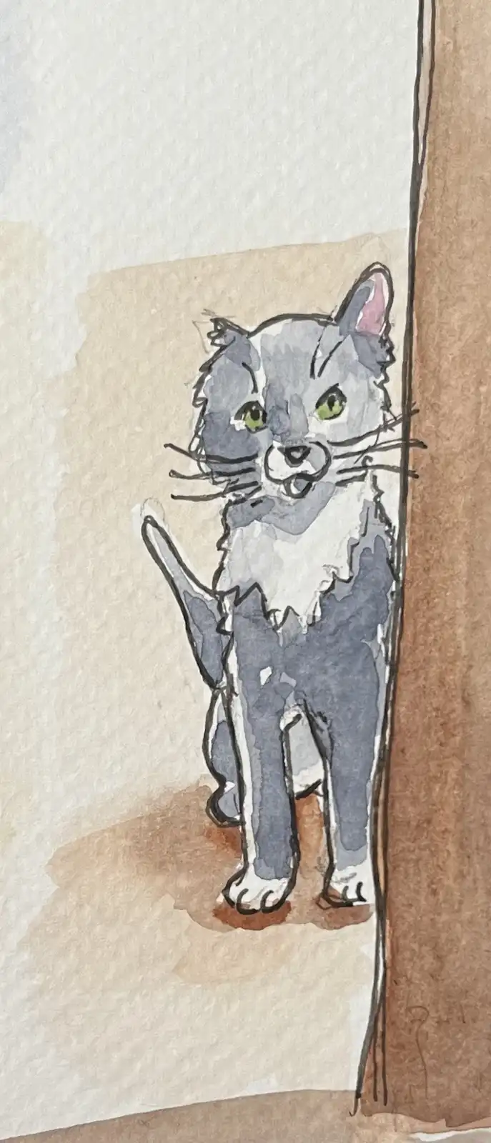 A watercolor painting of a gray and white cat with green eyes peeking out from behind a brown doorframe, looking directly at…