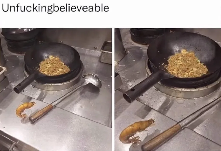 Two side-by-side photos show a wok with fried rice on a commercial stove, with a single cooked shrimp lying on the counter…