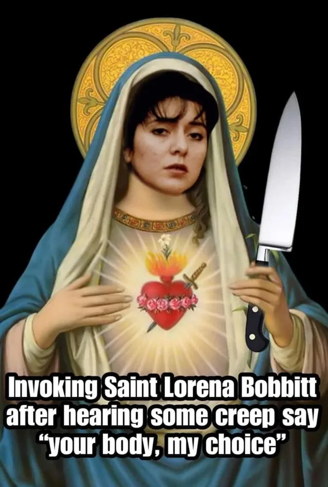The image shows a digitally altered religious icon of the Virgin Mary, but her face has been replaced with that of Lorena…