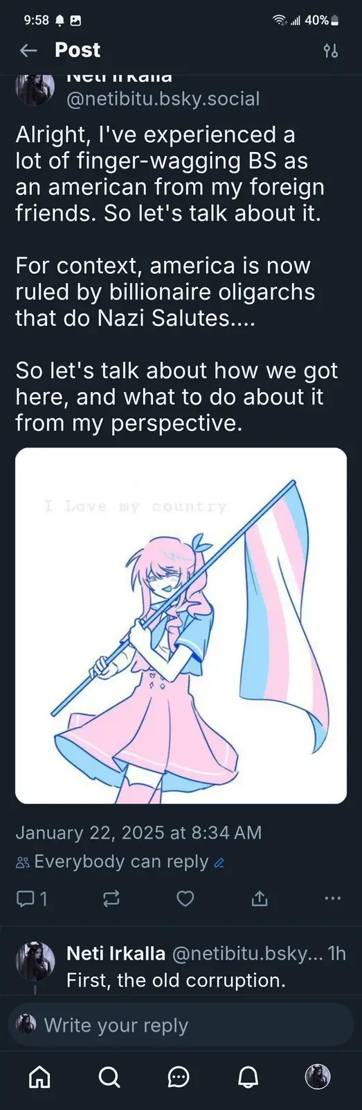 An anime-style illustration of a pink-haired girl in a pink and blue dress holding a flag with pink, blue, and white…