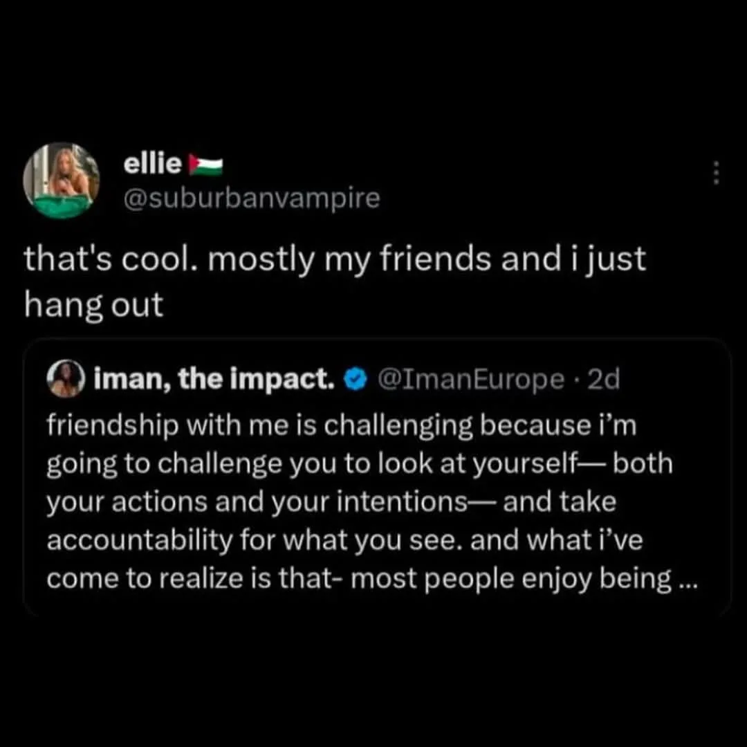 A screenshot of two Twitter replies. The first, from 'ellie', says 'that's cool. mostly my friends and i just hang out'. The…