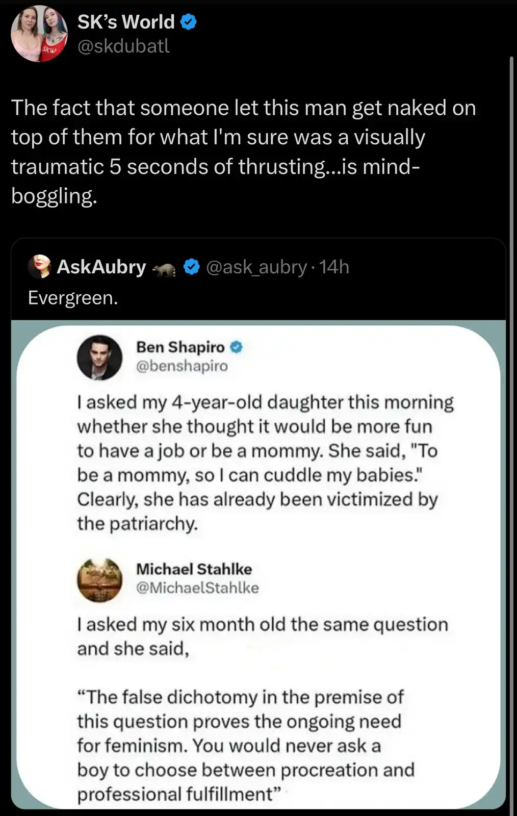 The image shows a screenshot of a Twitter thread. The top tweet by 'SK's World' expresses shock at a man's sexual encounter…