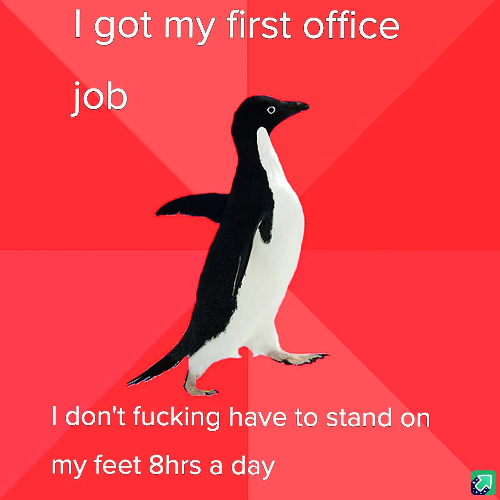 A black-and-white penguin walks against a red background with diagonal stripes. Text at the top reads 'I got my first office…