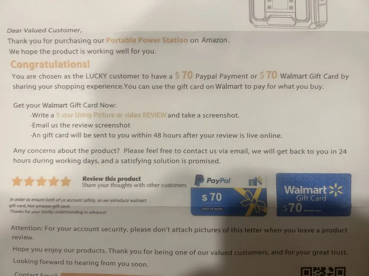 A customer service letter from an Amazon seller congratulates a lucky customer on purchasing a Portable Power Station…