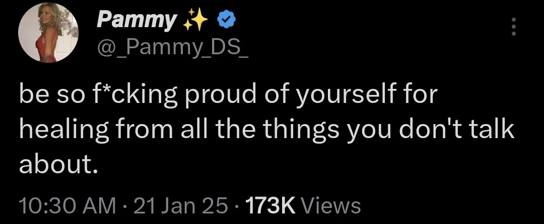 A screenshot of a tweet from verified user Pammy (@_Pammy_DS_) showing a black background with white text. The tweet reads…