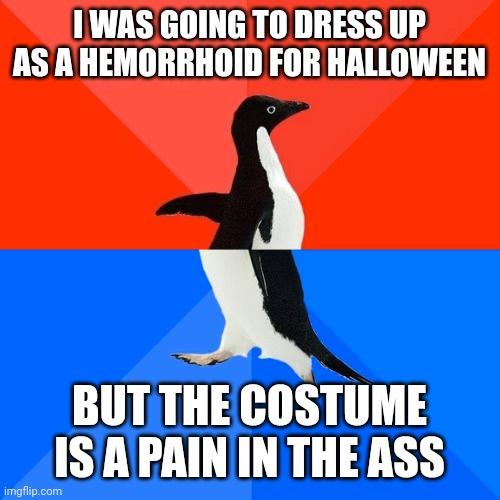 A penguin stands against a red and blue background, with white text overlaid in two sections. The top text reads 'I WAS…