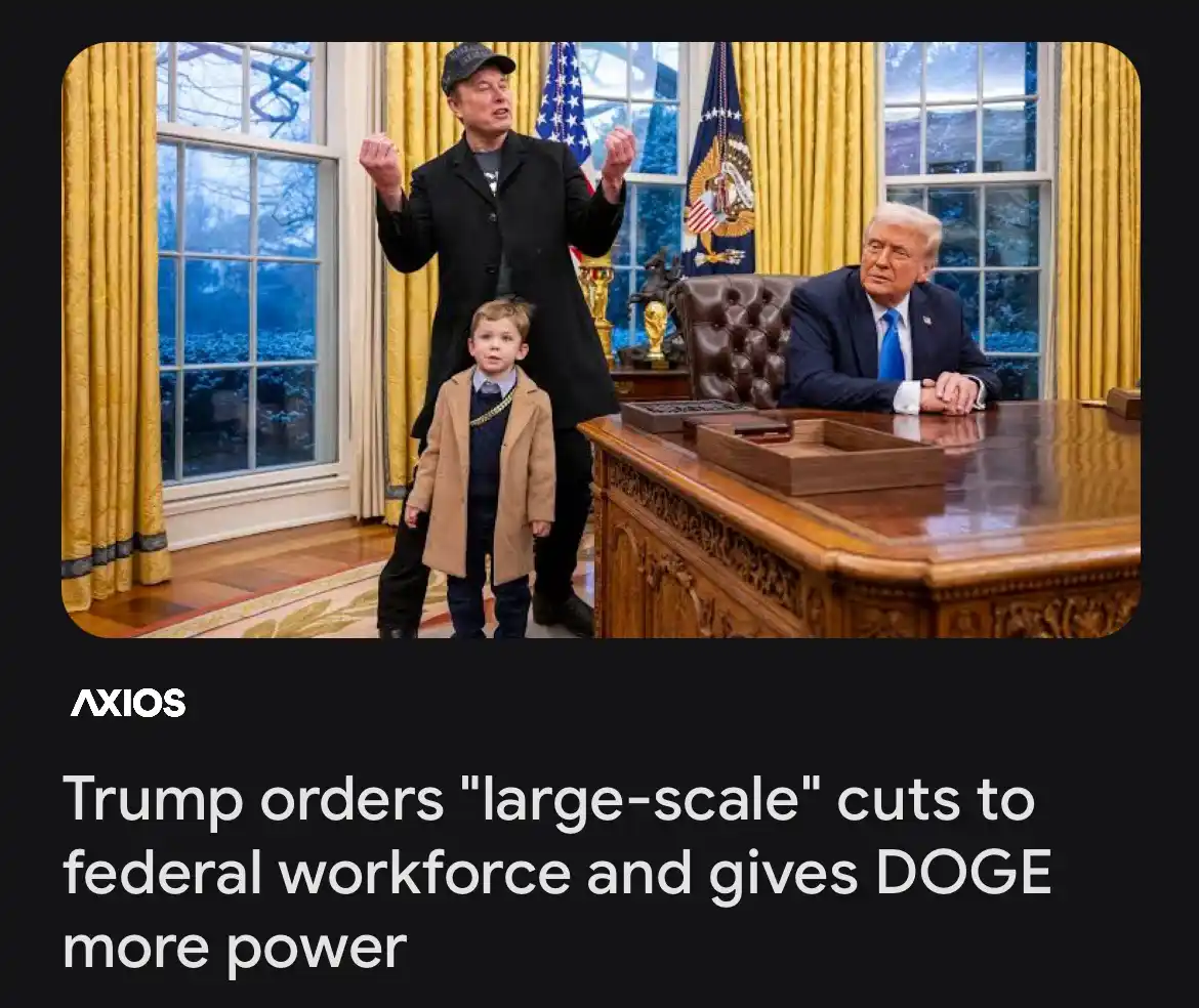 An edited image shows Elon Musk standing with his arms raised behind a young boy in a tan coat, both positioned in front of…
