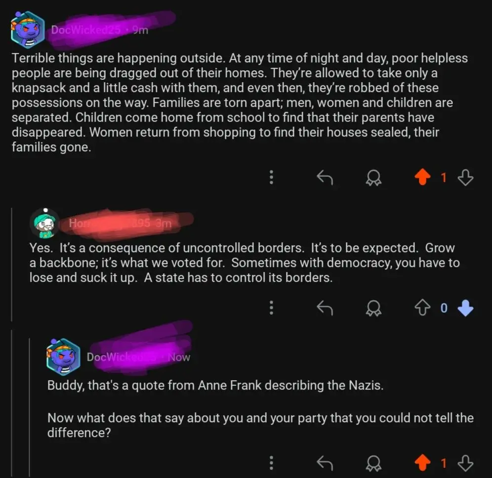 A screenshot of a Reddit-style comment thread shows a user describing horrific events like families being torn apart and…