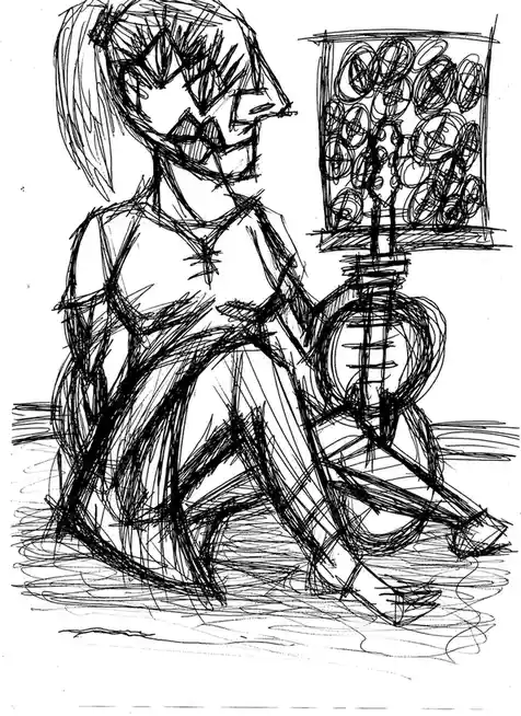 A crude black-and-white sketch shows a person sitting on the floor, looking at a vending machine filled with circular items…