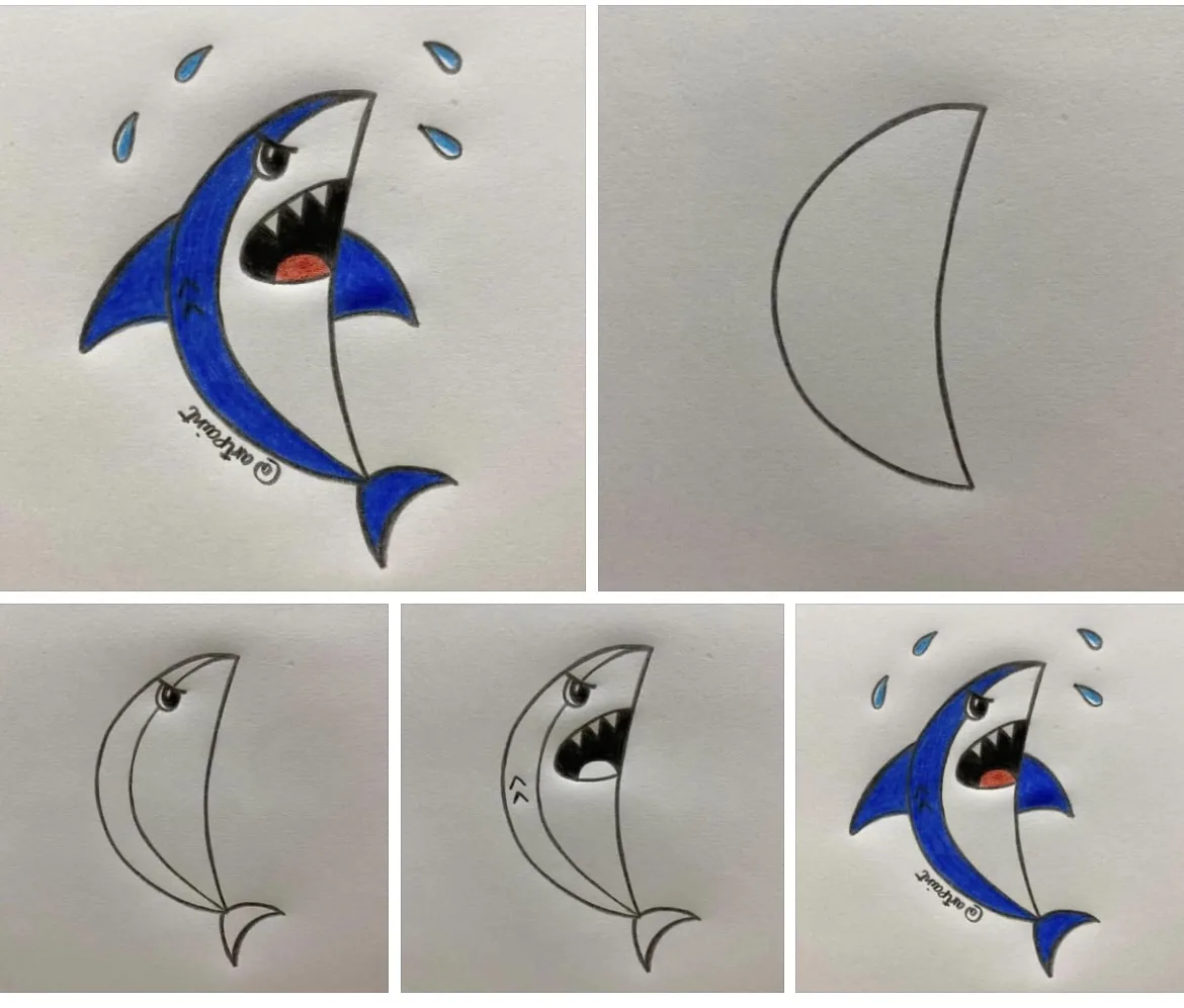 A five-panel drawing tutorial showing how to draw a cartoon shark starting from a simple crescent moon shape, adding eyes…