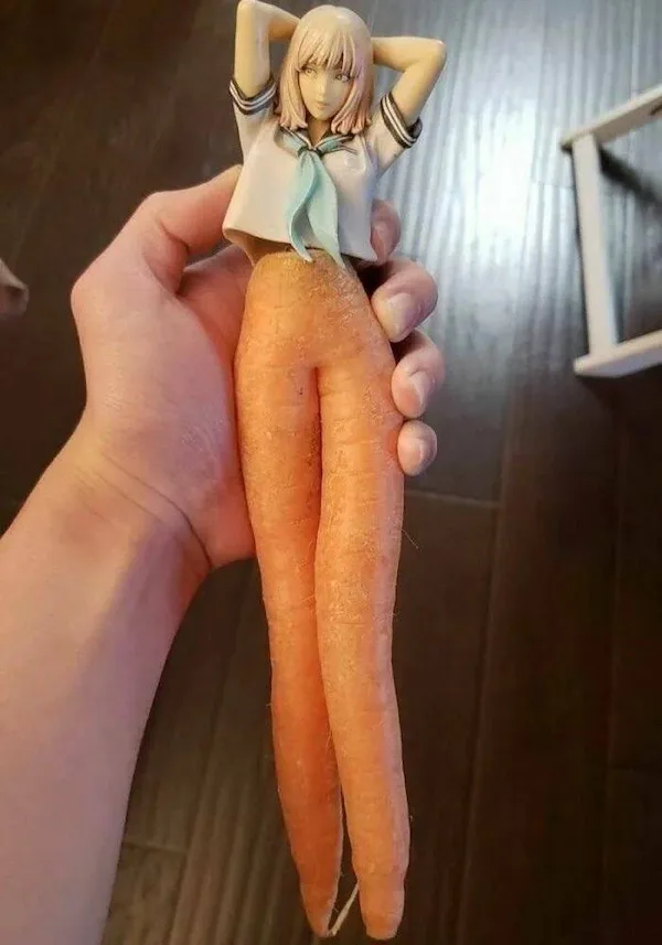a hand holds a large, oddly shaped orange carrot that has been creatively modified to resemble a female anime character…