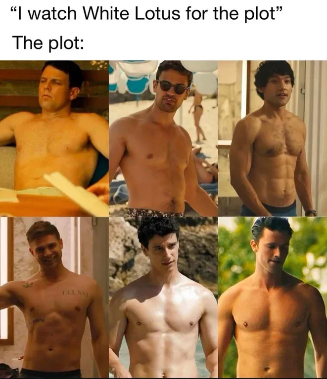 A six-panel image collage featuring shirtless male actors from the TV show 'White Lotus,' each in a different scene. The top…
