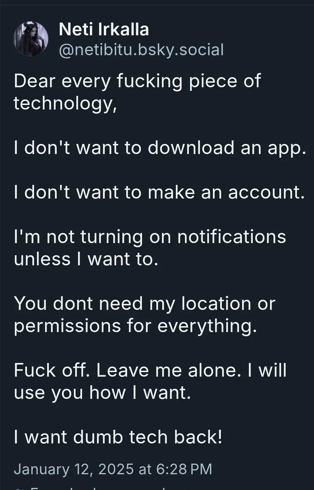 A screenshot of a social media post by 'Neti Irkalla' on a dark-themed platform, displaying a rant in white text against a…
