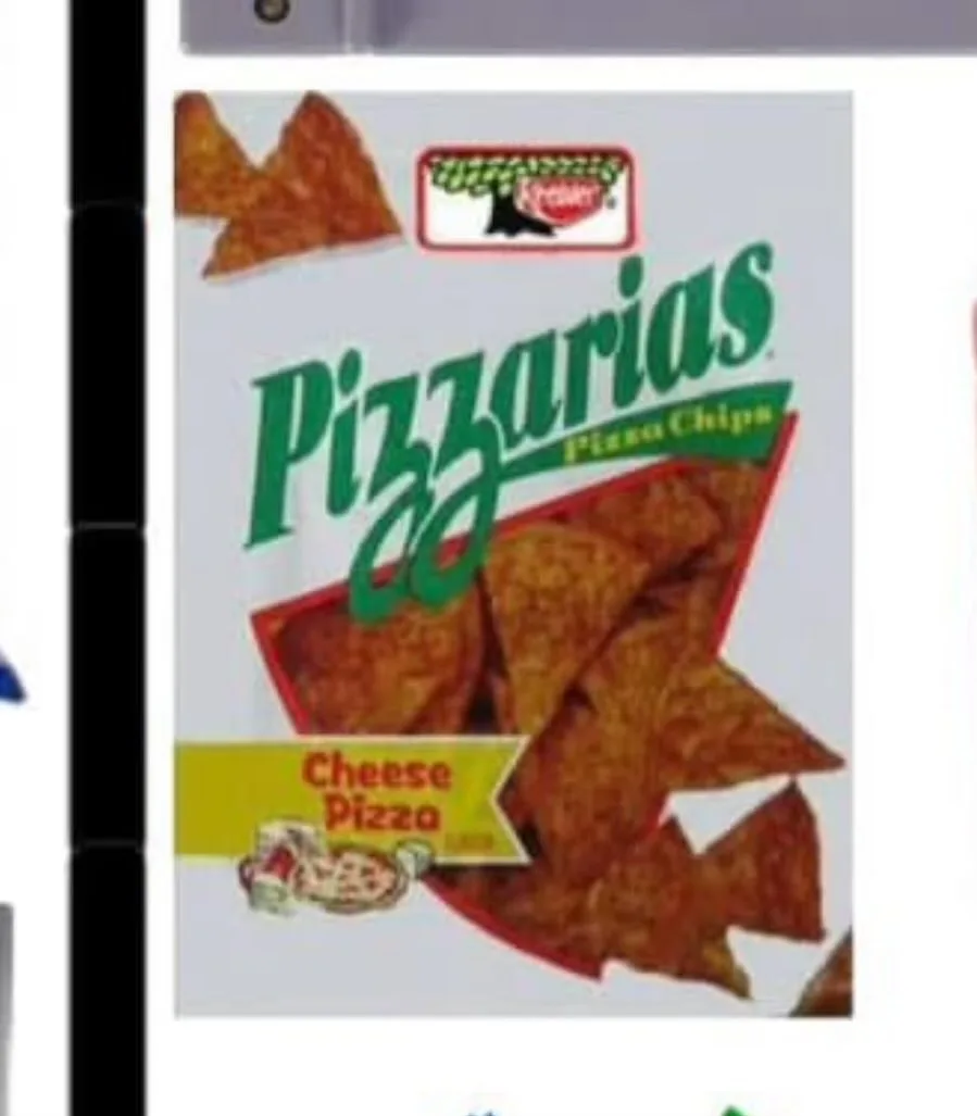 A close-up of a Kroger brand snack bag labeled 'Pizzarias Pizza Chips' with 'Cheese Pizza' flavor. The bag features a red…