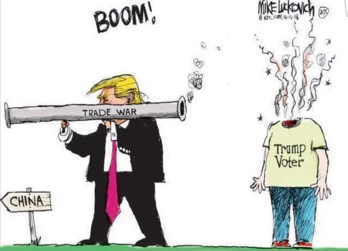 A cartoon depicts a caricature of Donald Trump carrying a large cannon labeled 'TRADE WAR' aimed at a sign pointing to…