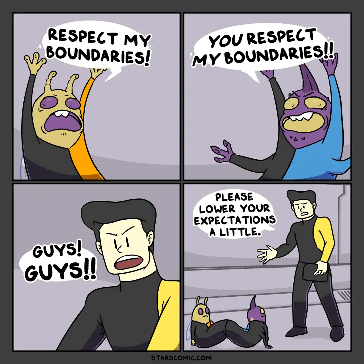A four-panel comic strip shows two aliens yelling 'RESPECT MY BOUNDARIES!' and 'YOU RESPECT MY BOUNDARIES!!' at each other…