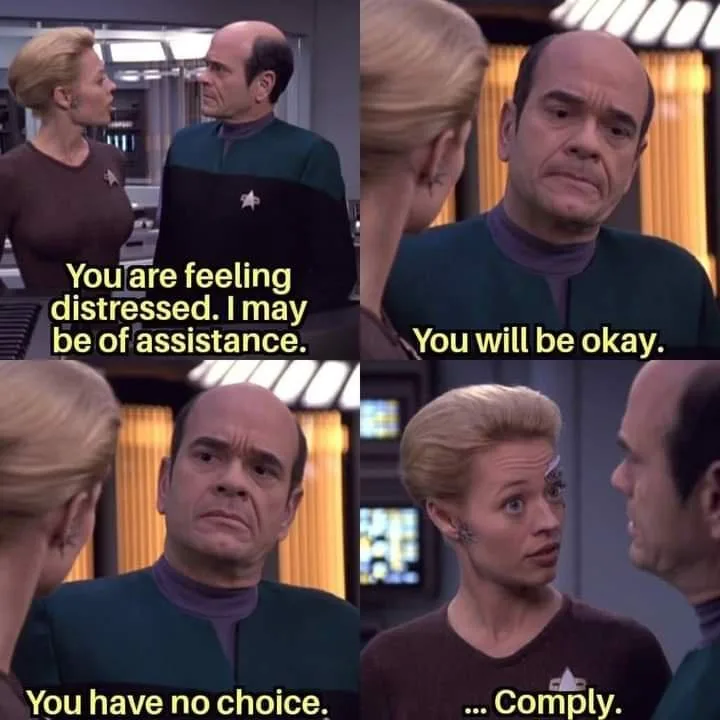 A four-panel meme from Star Trek: The Next Generation showing Counselor Deanna Troi and Captain Picard. In the first panel…