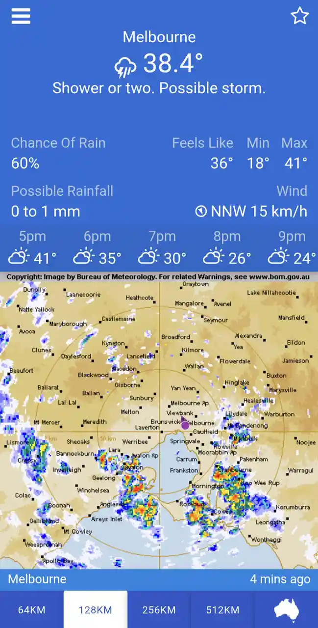 A weather app screenshot for Melbourne shows a high temperature of 38.4°C with a 'Shower or two. Possible storm.' warning…