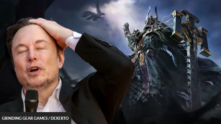 An image shows Elon Musk with his hand on his head, eyes closed, looking frustrated or overwhelmed, while a dark, menacing…