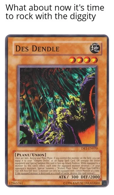 A Yu-Gi-Oh! trading card for 'Des Dendle' is shown, featuring a green and purple plant-like monster with glowing vines. The…