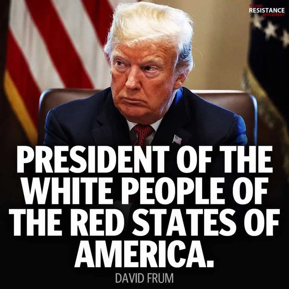 A photo of Donald Trump seated in an office with American flags behind him, looking serious. Large white text overlaid on…