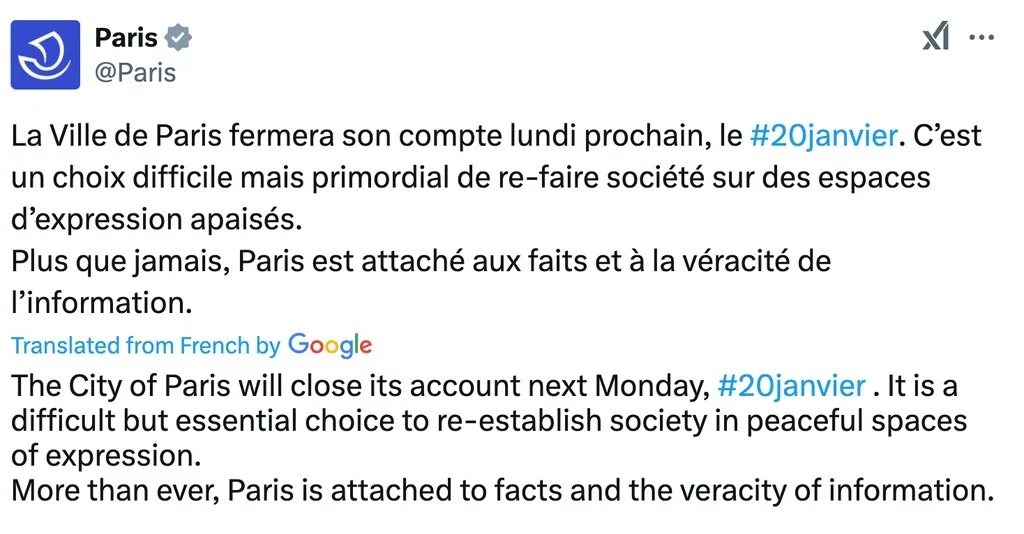 A screenshot of a tweet from the official @Paris account announcing the closure of its social media account on January 20th…