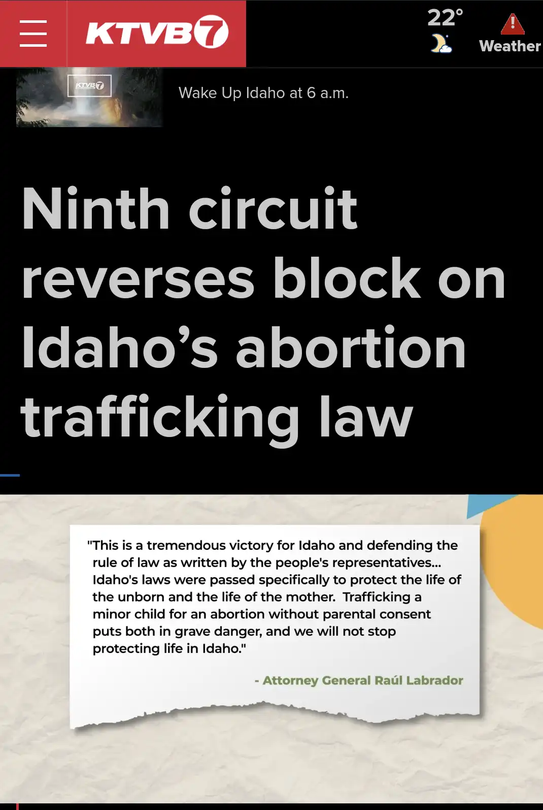 A screenshot of a KTVB7 news app headline reads 'Ninth circuit reverses block on Idaho's abortion trafficking law,' with a…