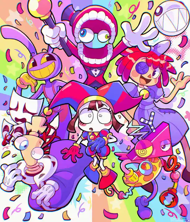 A vibrant, colorful illustration features multiple cartoon characters from the game 'Brawl Stars' in a chaotic, celebratory…