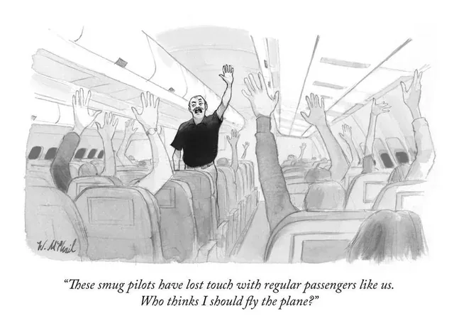 A black-and-white cartoon depicts a man standing in the aisle of an airplane, raising one hand as if volunteering, while…