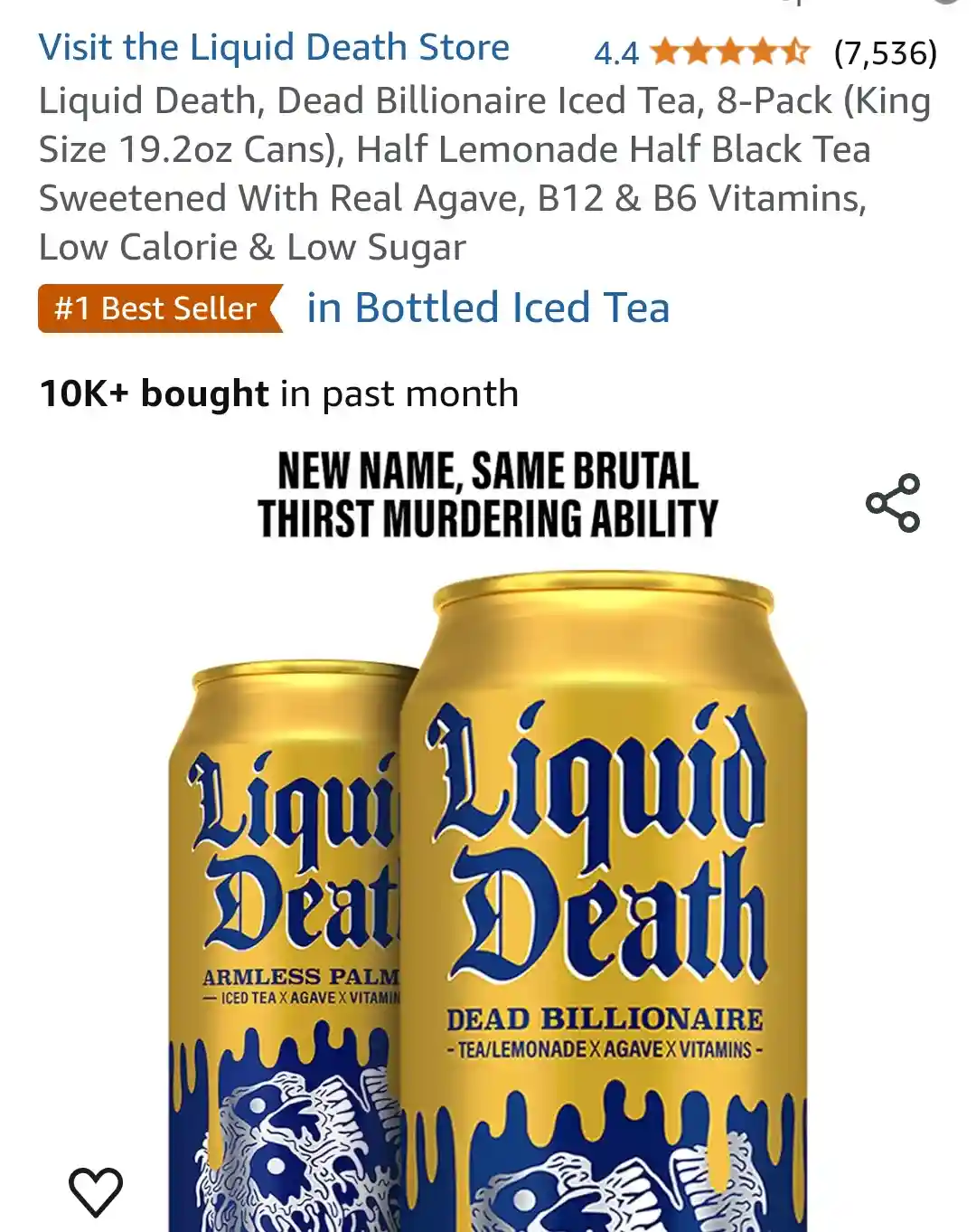An online product listing for 'Liquid Death' iced tea cans shows two golden cans with blue gothic lettering and skull…