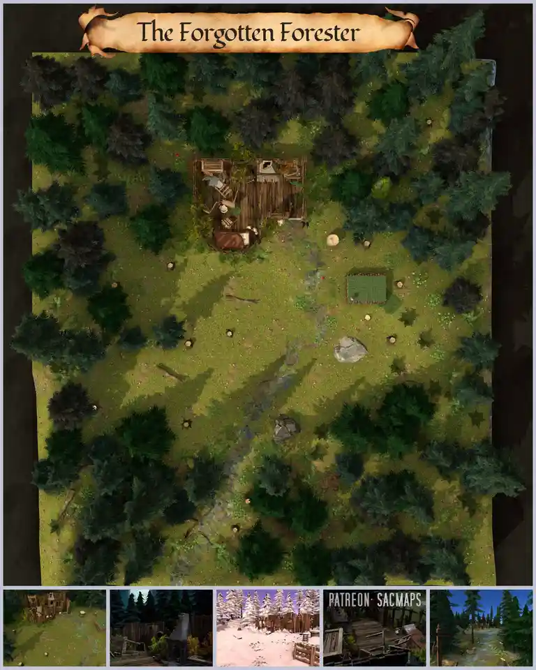 An overhead view of a fantasy forest map titled 'The Forgotten Forester' showing a dilapidated wooden cabin surrounded by…