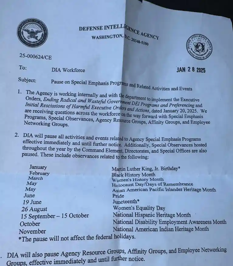 A close-up photo of a Defense Intelligence Agency memo dated January 28, 2025, addressed to the DIA Workforce. The memo…