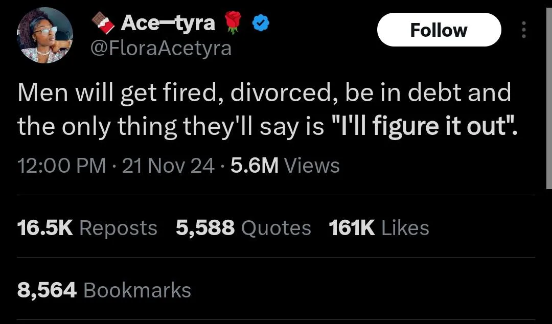 A screenshot of a tweet from user Ace-tyra (@FloraAcetyra) showing a black background with white text. The tweet reads: 'Men…