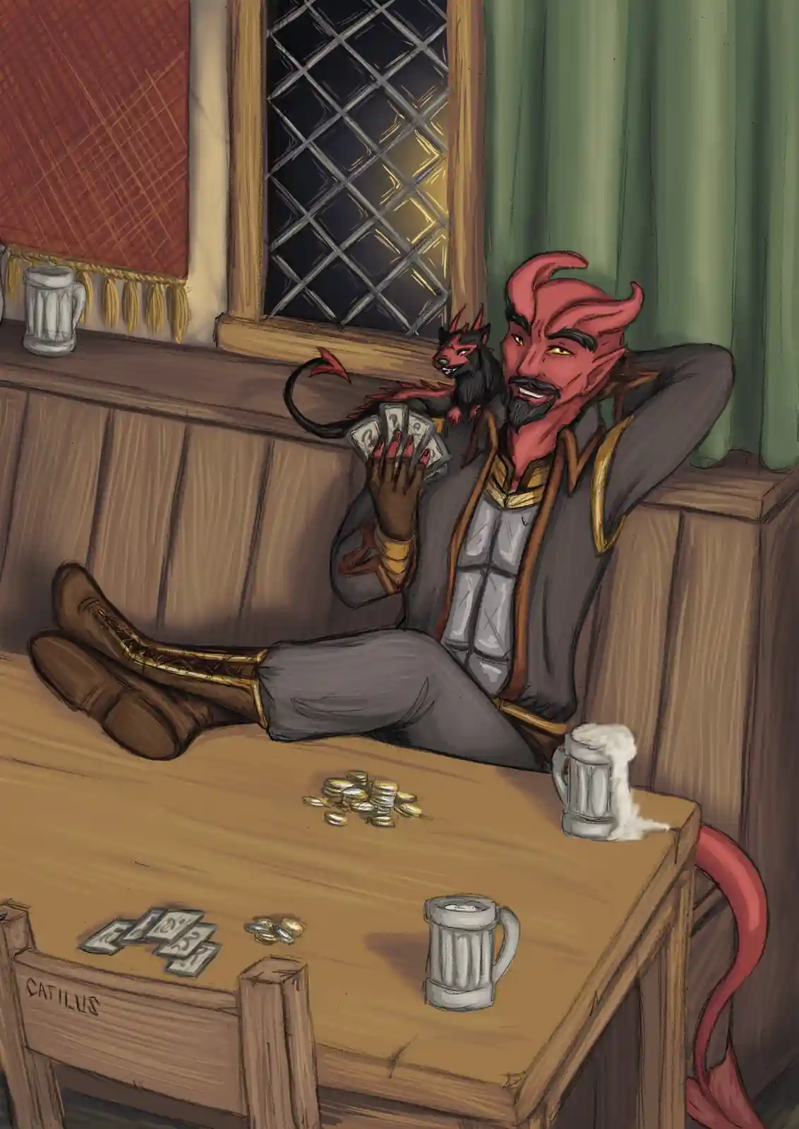 A red-skinned devil with horns and a tail sits relaxed in a tavern, holding up three 2s from a deck of cards while a small…