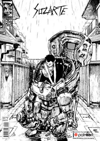 A black-and-white comic book cover by Suzarte shows a young man in a bulky, open-topped mech suit kneeling in a rainy…