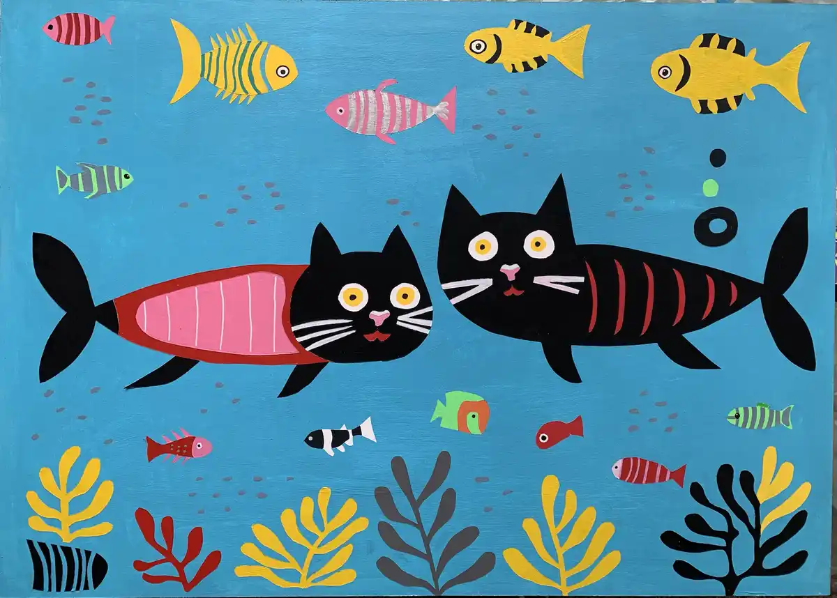 A colorful cartoon-style painting depicts two black cats with fish tails swimming underwater among various other fish and…