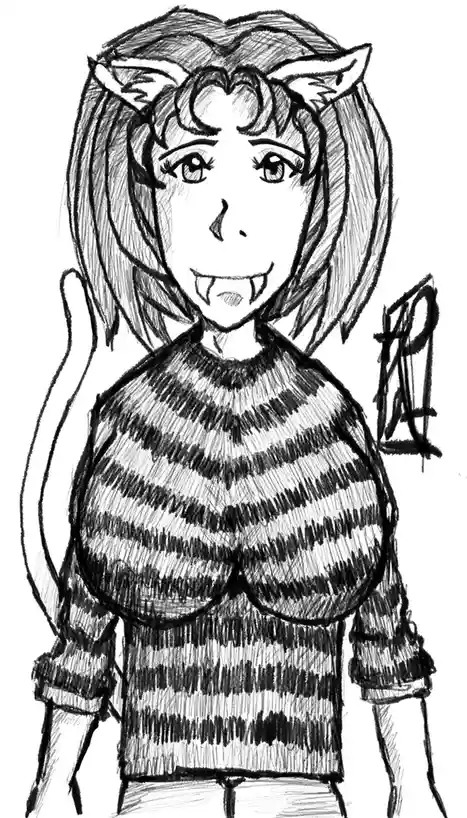 A black-and-white pencil sketch depicts a female anime-style character with cat ears, a tail, fangs, and a striped sweater…