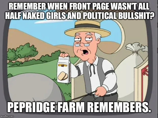 A cartoon man in a straw hat and vest holds a bag of Pepridge Farm cereal while looking shocked, with a large sack beside…