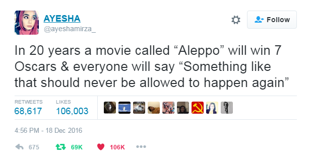 A screenshot of a tweet from user Ayesha (@ayeshamirza_) dated December 18, 2016, showing a tweet with 68,617 retweets and…