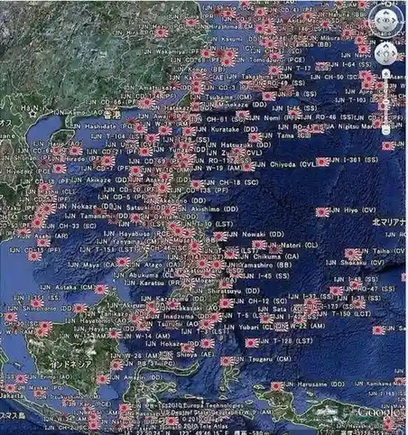A satellite map of the Pacific Ocean and surrounding regions, densely overlaid with red Japanese rising sun flags and white…