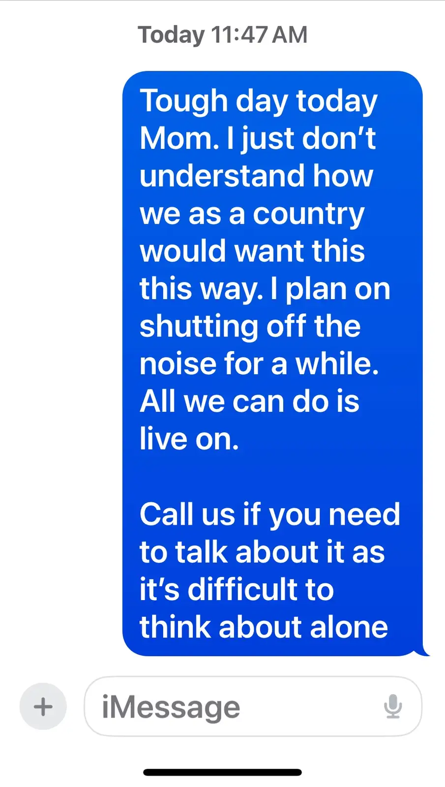 A screenshot of an iMessage conversation shows a blue text bubble with a message addressed to 'Mom,' expressing distress…