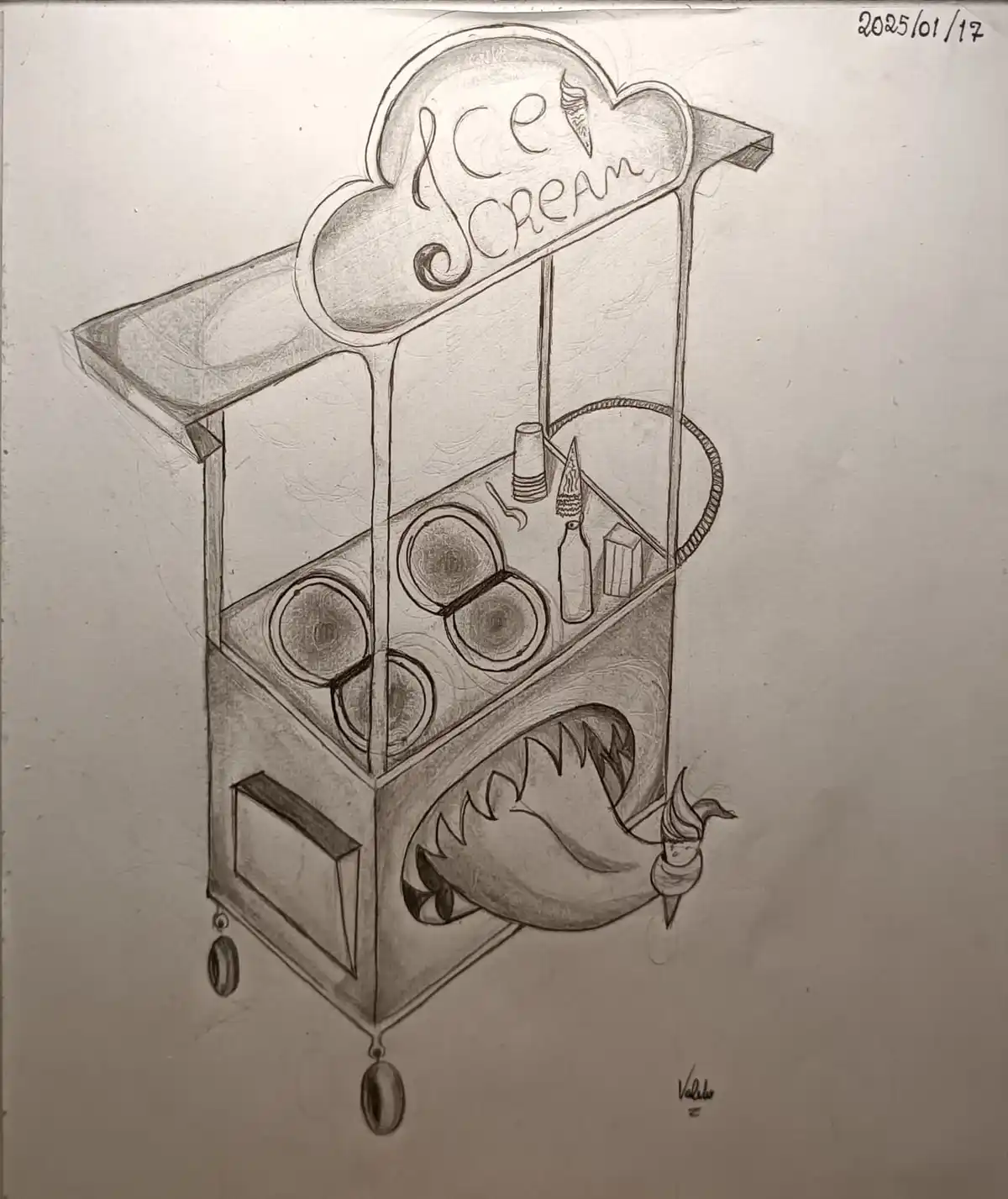 A pencil sketch of an ice cream cart with a sign reading 'Ice Cream' at the top. The cart has a lower section with a large…