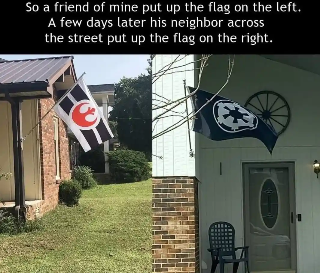 The image shows two side-by-side photos of houses. The left photo shows a brick house with a Rebel Alliance flag (white with…