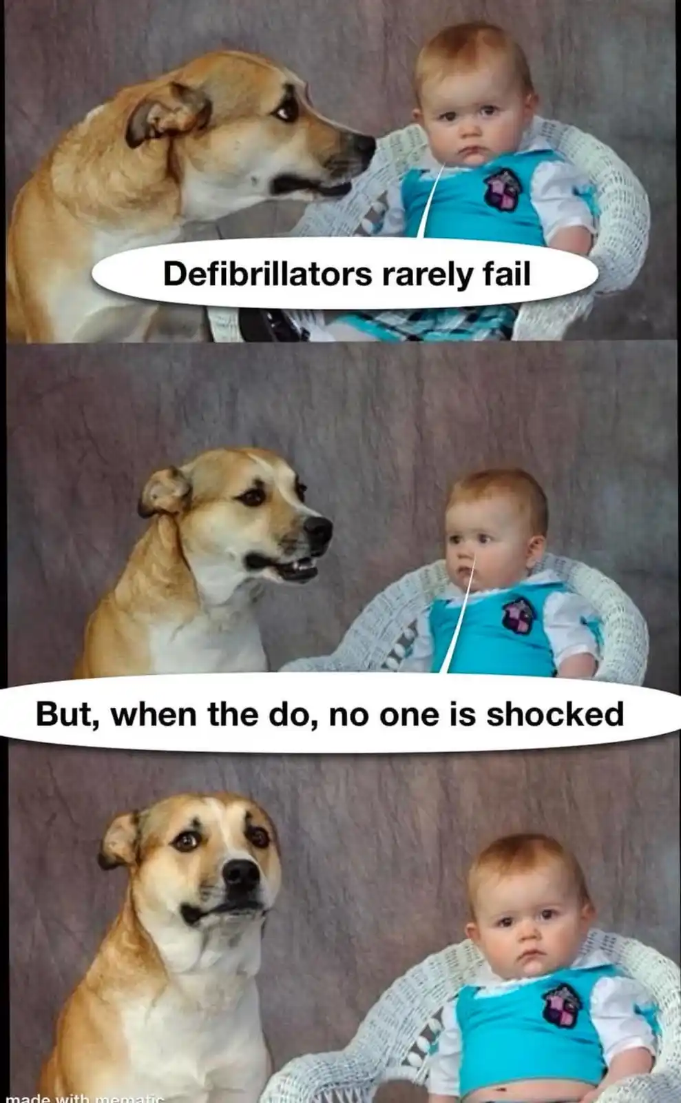 A three-panel meme featuring a tan dog and a baby in a white knit chair against a gray backdrop. In the top panel, the dog…