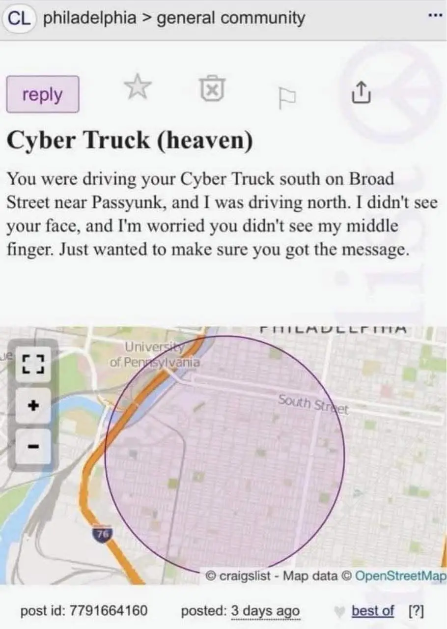 A Craigslist post screenshot from Philadelphia's general community, titled 'Cyber Truck (heaven)', features a map of South…