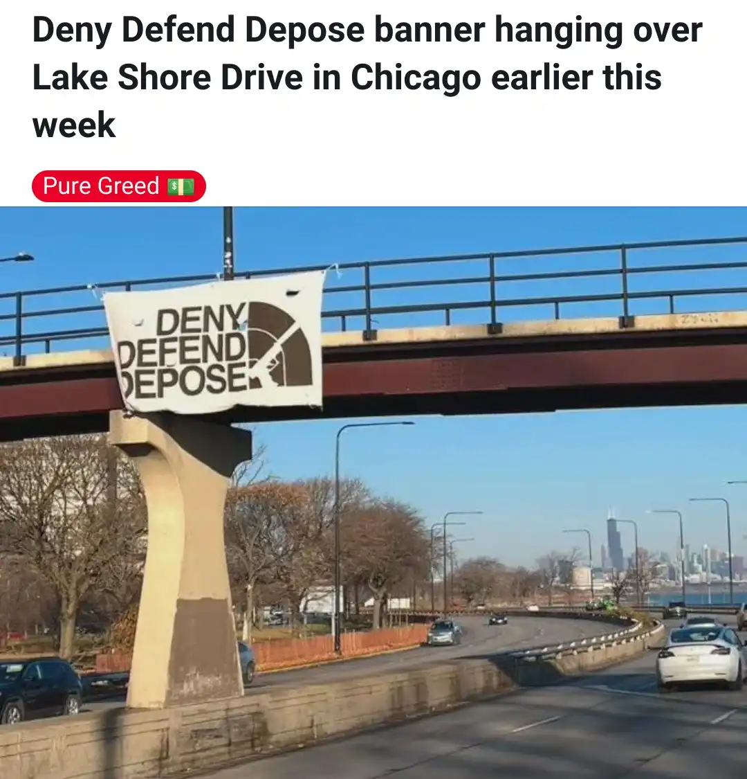 A large banner reading 'DENY DEFEND DEPOSE' hangs from an overpass above Lake Shore Drive in Chicago, with cars driving…